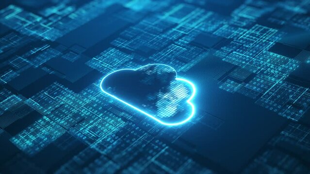 Cloud computing icon with binary code data network connection abstract background network conveying connectivity, complexity and data flood blue background