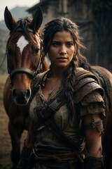 Fototapeta premium A woman standing next to a horse in a beautiful countryside field