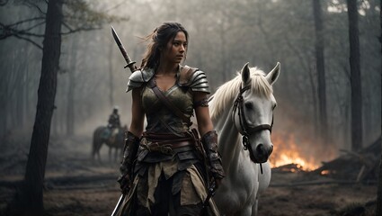 A woman with a sword standing next to a horse - obrazy, fototapety, plakaty