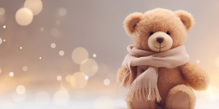  Teddy bear with wool scarf radiates cozy holiday comfort.                              