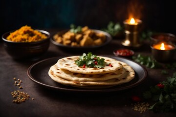 Commercial photo, beautiful dark background, trendy naan flatbread plate, delicious Indian food. Traditional cuisine.