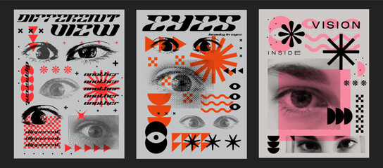 Obraz premium Cool Abstract Geometric Posters with Eyes. Y2K Retro Vintage Placards. Modern Geometrical Artwork. Vintage Shape Pattern.