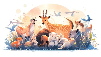 World Animal Day cartoon animal illustration,AI generated.