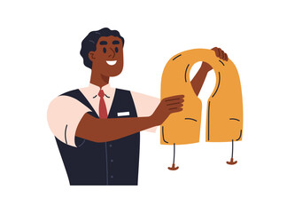 Flight attendant showing life vest during safety instructions in airplane. Black man steward instructing, explaining, demonstrating security rules for air plane emergency. Flat vector illustration