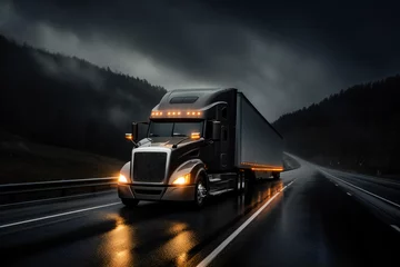 Rolgordijnen truck on highway at night, mountains in background, storm, rain, windy © PHdJ