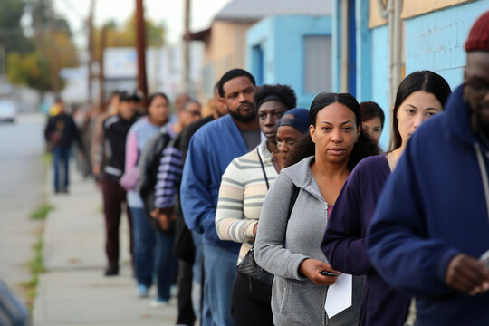 People in line waiting with food stamps waiting at for soup kitchen, signs of poverty
