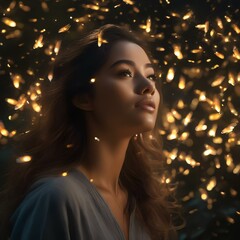 A portrait of a person with a cascade of swirling fireflies, infusing the scene with a magical and whimsical touch3
