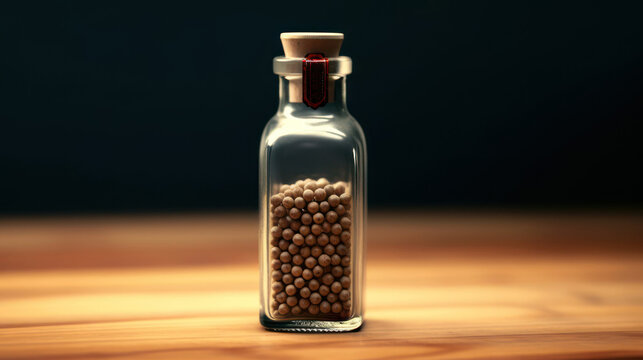 glass vial with white peppercorns on the table, generative ai