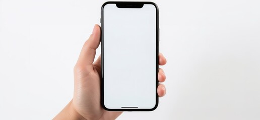 BLANK SCREEN SMARTPHONE MOCKUP, Mock-up, Template, Sample, Neutral background, Hand. Young adult male hand holding a smartphone model in vertical position. Close-up and focus on it and frontal view.