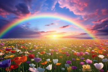 A colorful field of flowers under a dramatic sky.