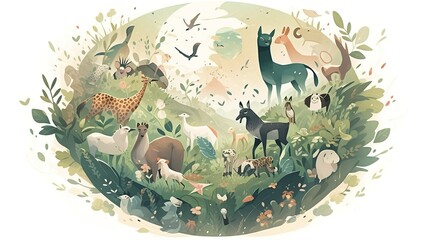 World Animal Day cartoon animal illustration,AI generated.