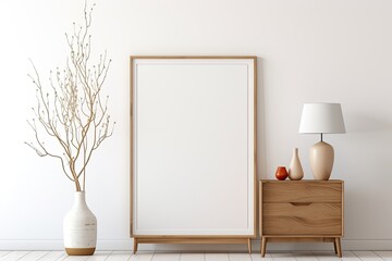 Traditional living room interior with a vertical wooden frame mockup, classic chest of drawers, brass lamp, and olive twigs in a vase on a white wall background; depicted using illustration and .