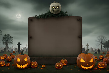 Halloween Card In Forest With Wooden Sign Board. Graveyard At Night With Pumpkins And Skeleton with empty copy space