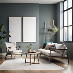 Modern living room interior with mock up poster frame, rattan armchair, modular sofa, grey rug, slippers, beige pillow, ladder, vase with dried flowers and personal accessories.AI generated