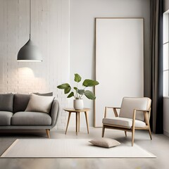 Modern living room interior with mock up poster frame, rattan armchair, modular sofa, grey rug, slippers, beige pillow, ladder, vase with dried flowers and personal accessories.AI generated