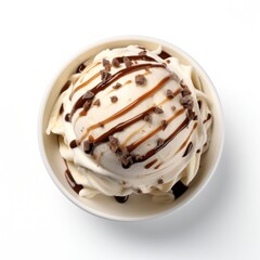 Top view of big scoop of vanilla ice cream poured with chocolate isolate on white background
