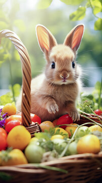 Lovely bunny easter fluffy baby rabbit sitting in the basket with colorful easter eggs on green garden nature with flowers background in summer. Easter day festival out of Generative AI.