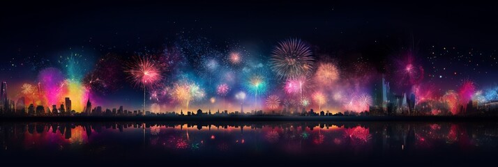 Generative AI of Festival fireworks banner frame. Abstract colorful firework display for holiday and celebrations in the starry night sky, Copy space for text, New year holiday concept. - obrazy, fototapety, plakaty