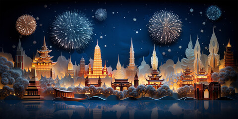 Beautiful creative holiday background with fireworks and Sparkling. Panorama of over Chao Phraya River in Bangkok Thailand. Generative AI of  Bas relief paper sculpture - obrazy, fototapety, plakaty