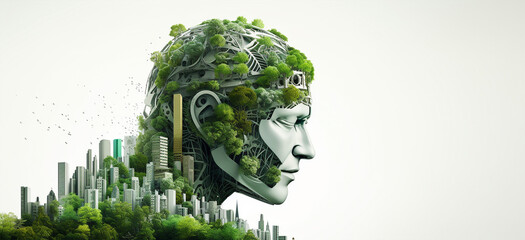 Generative AI of Stylish handsome cyborg head city and green forest panorama background, Futuristic man, Recycling society, Green tech, Sustainable development goals. SDGs, Environmental technology 