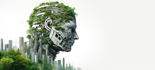 Generative AI of Stylish handsome cyborg head city and green forest panorama background, Futuristic man, Resource recycling, Green tech, Sustainable development goals. SDGs, Environmental technology - obrazy, fototapety, plakaty