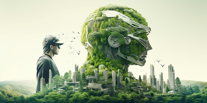 Generative AI of Stylish handsome cyborg head city and green forest panorama background, Futuristic man, Resource recycling, Green tech, Sustainable development goals. SDGs, Environmental technology