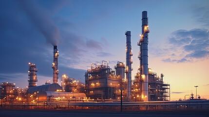 Oil refinery plant for crude oil industry on desert in evening twilight, energy industrial machine for petroleum gas production background, Generative AI