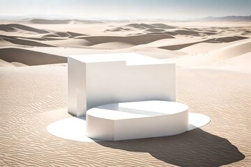 Against the breathtaking backdrop of a serene desert, a product podium emerges with a minimalist design