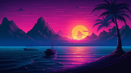 Retrowave Sunset Lake AI Generative