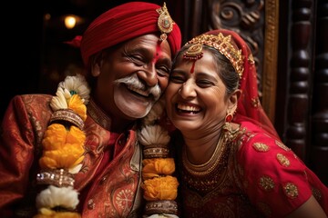 A happy couple wearing traditional Indian clothing, bonding and smiling together. A fictional character Created By Generated AI.