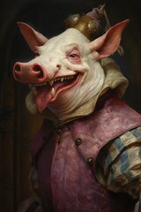 Pig, Swine, 1500 portrait, Buffoon, Jester, Poster, Wallpaper, Reinassance, Medieval. COURT BUFFOON PIG. 3D Portrait of a swine jester in the Middle ages style sticking his tongue out.