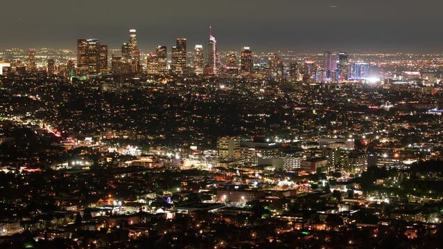 Los Angeles Downtown Night Time Lapse from Griffith Park Tilt Up California USA