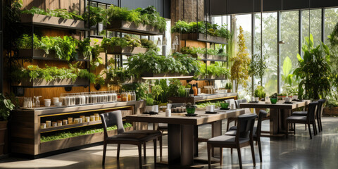 Modern eco-cafe with hydroponic microgreen growing systems, dining tables and chairs. Generative AI