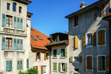 Obraz premium Medieval architecture of the old town in Montreux, Switzerland