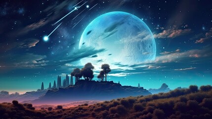 Futuristic fantasy landscape, sci-fi landscape with planet, neon light, ai generative