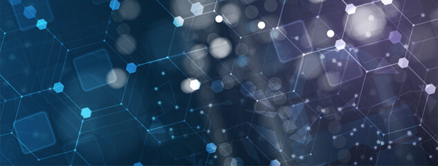 Technology banner design with hexagons abstract background.