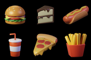3d icon burger, cakek, hotdog, cup, slice pizza, french fries on black background
