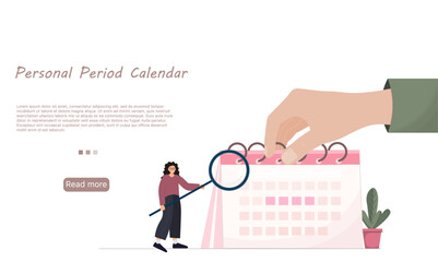 Woman watching personal period calendar, calendar for menstruation control and pregnancy planning, woman with mobile phone scheduling period with marked days, women cycle tracker,  vector illustration