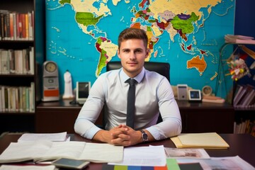 Man manager of travel agency sits at office desk and holds passport with visas and plane tickets. Tour operator company representative in headphones near giant map of world helps to travel - obrazy, fototapety, plakaty