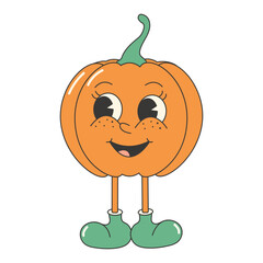 Retro groovy cute pumpkin character. Retro mascot sticker. Autumn fall garden concept.