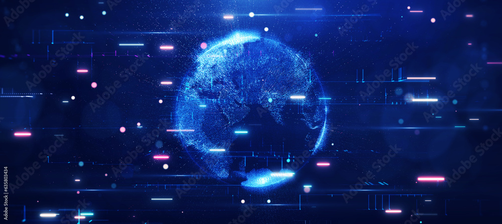 Fototapete Cyber digital technology concept abstract globe on dark blue background. The era of business communications connects to wireless internet networks around the world. Internet of Things (IoT).