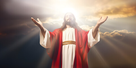 Fototapeta premium Resurrected Jesus Christ with background of sun rays and clouds.