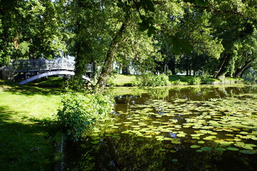 Bridge from Schlossinsel Mirow to Liebesinsel in Mirower See, Mecklenburg-Western Pomerania, Germany