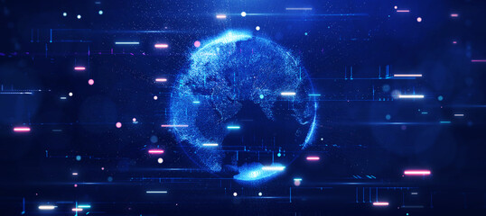 Cyber digital technology concept abstract globe on dark blue background. The era of business communications connects to wireless internet networks around the world. Internet of Things (IoT).