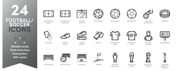 24 Football / Soccer Icon set featuring unique icons with thick & thin lines, editable stroke and scalable to any size.