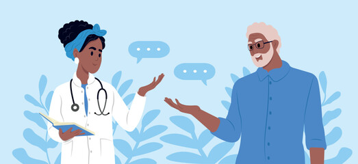 A family doctor is talking to an elderly patient. Elderly awareness of Parkinson's disease, prostate cancer, Alzheimer's, cancer, osteoporosis, arthritis, Parkinson's disease, diabetes.