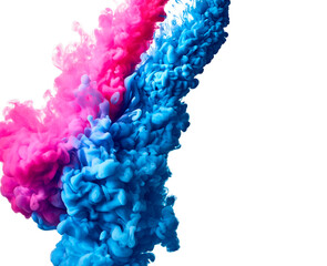 Splash of blue and pink paints in water over white background