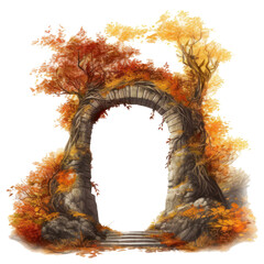 Fall arch in the Magic forest with trees and brunches, red and orange autumn wooden frame watercolor illustration isolated with a transparent background, fairytale fantasy design 