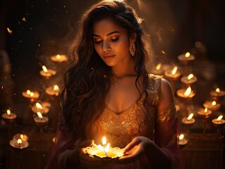 A portrait of beautiful young Indian woman girl holding lit diva during Diwali festival with many lit divas in the background