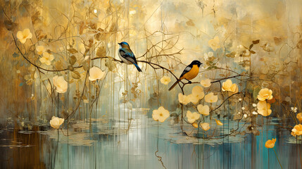 Beautiful nature scene with reflection on the water and a spot of sunlight shining through the hanging branches. Birds sitting in the trees. High resolution panoramic wall art.